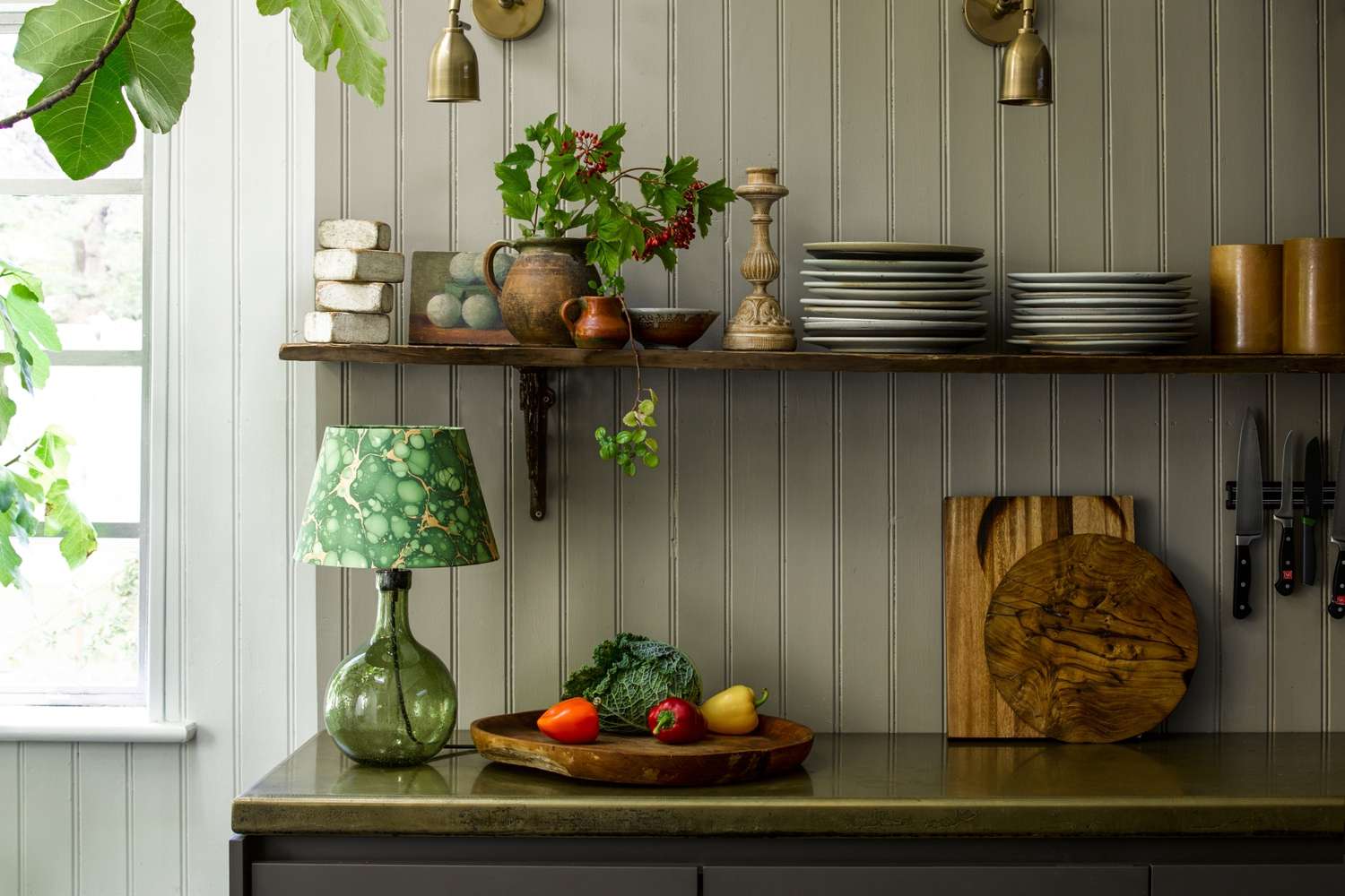 Elsa Table lamp in shade Olive on kitchen counter