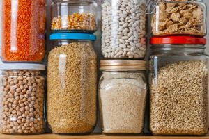food in jars on a pantry shelf