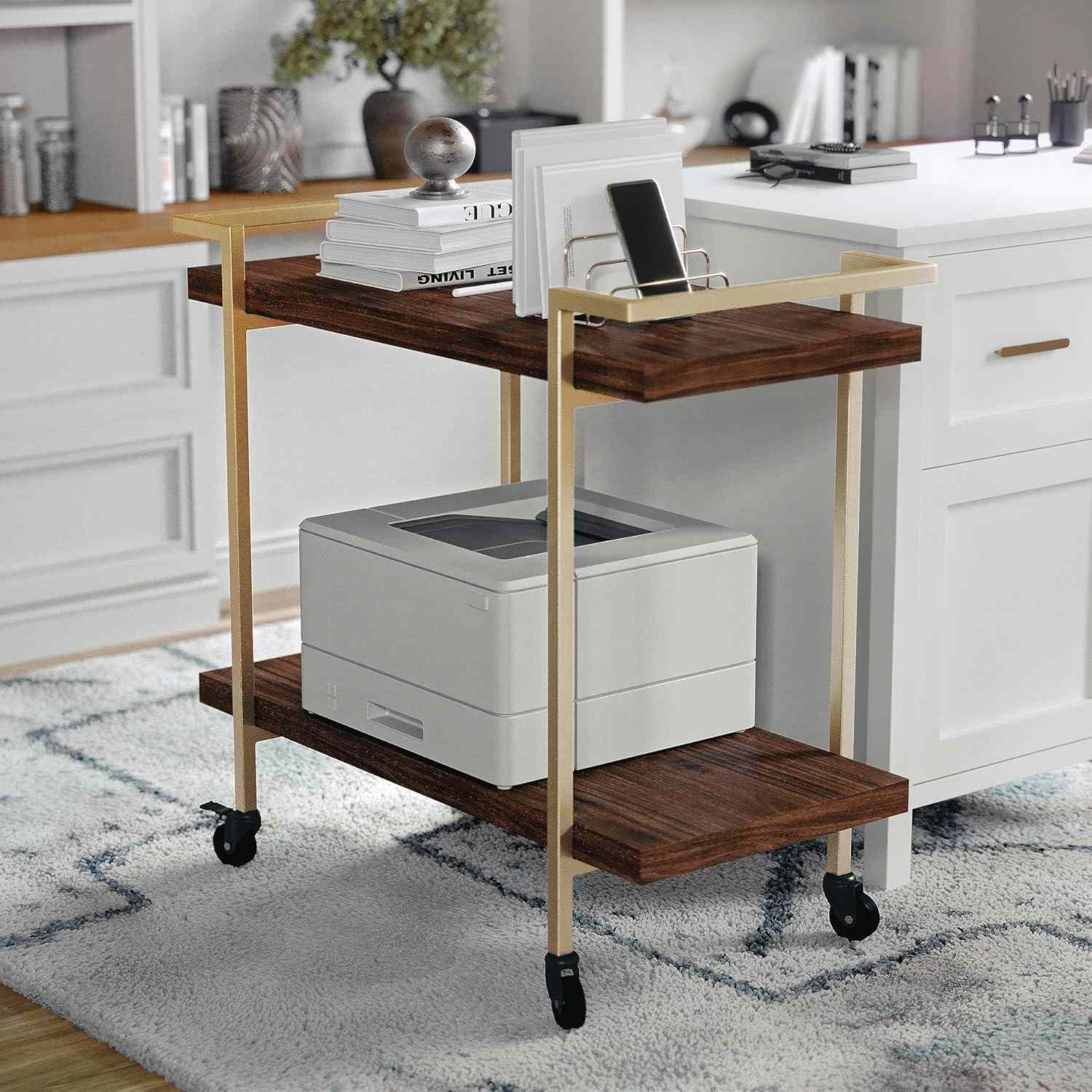 A rolling cart with shelves featuring a printer on the bottom shelf and office items on the top shelf positioned in a home office