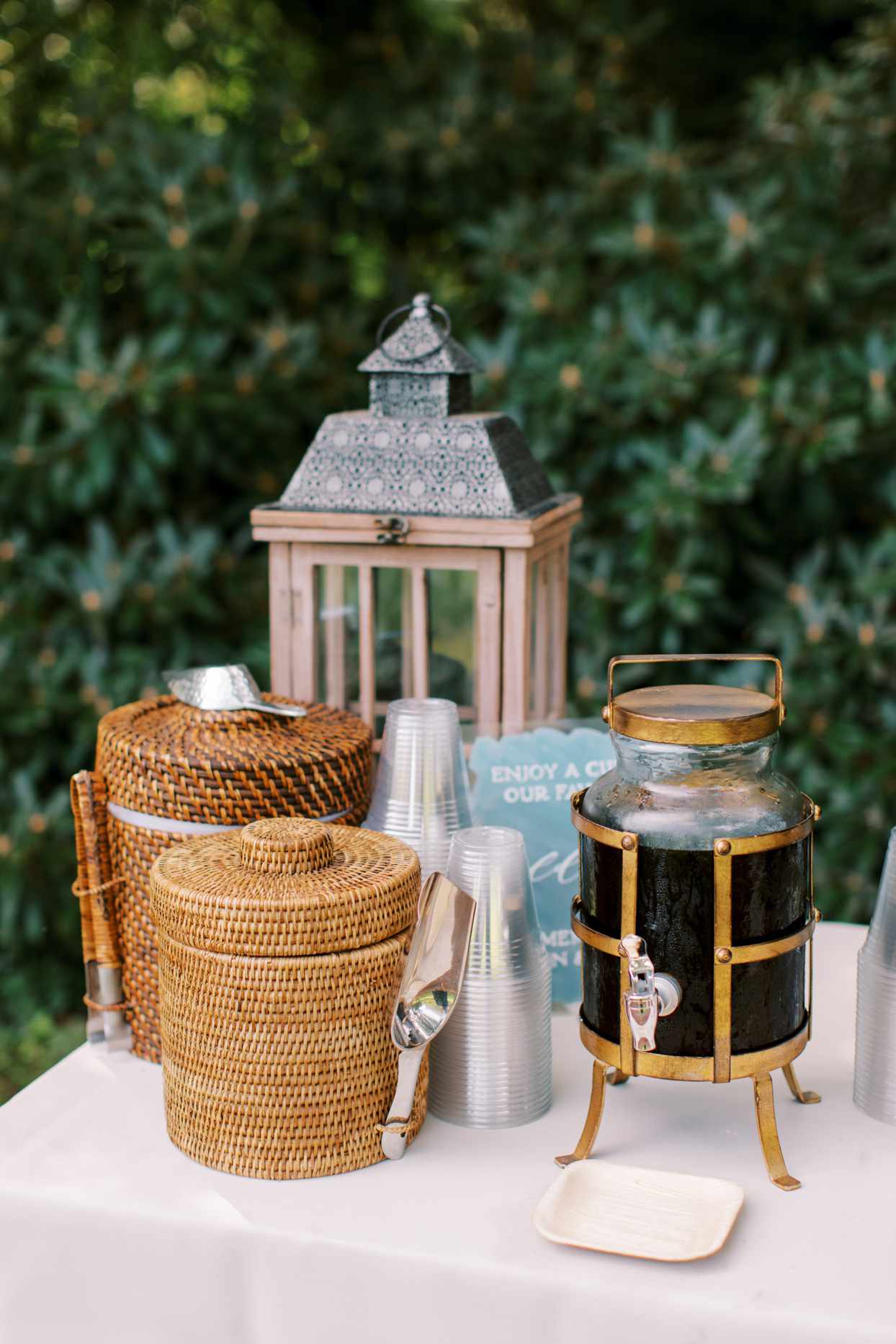 elegant wedding coffee station with wicker baskets