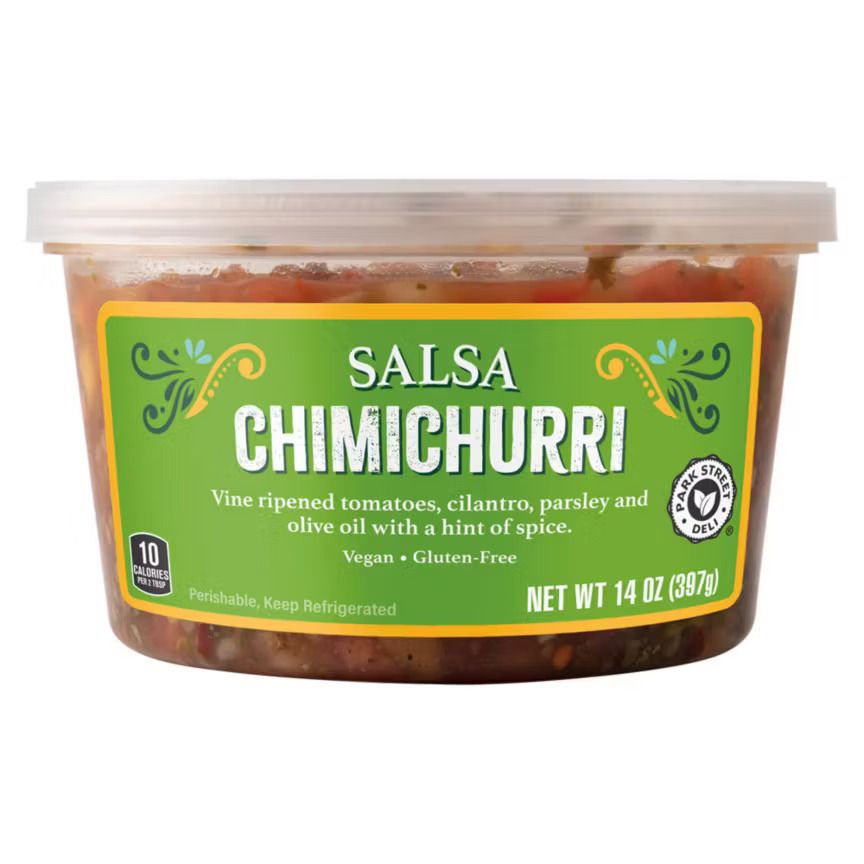 Container of chimichurri salsa labeled as vegan and glutenfree with text notes of ingredients and flavor highlights