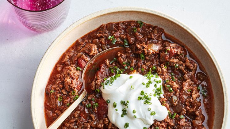 easy beef chili with sour cream in bowl