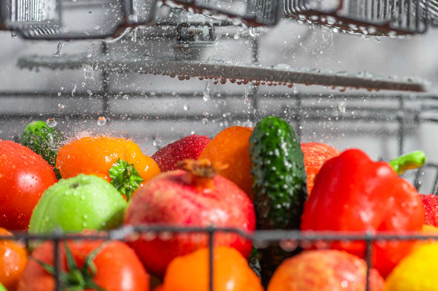 Assorted fruits and vegetables being washed inside a dishwasher