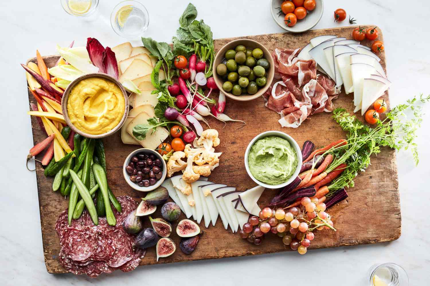 grazing board summer step 5 meats vegetables dips cheese wooden
