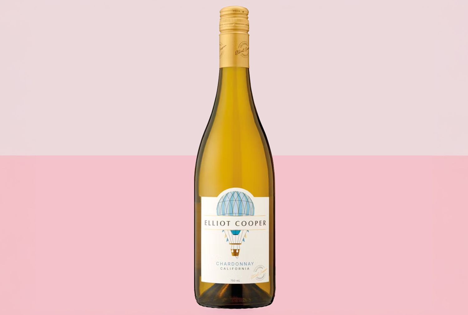 A bottle of white wine labeled Elliot Cooper Chardonnay Sauvignon with a hot air balloon graphic on the label