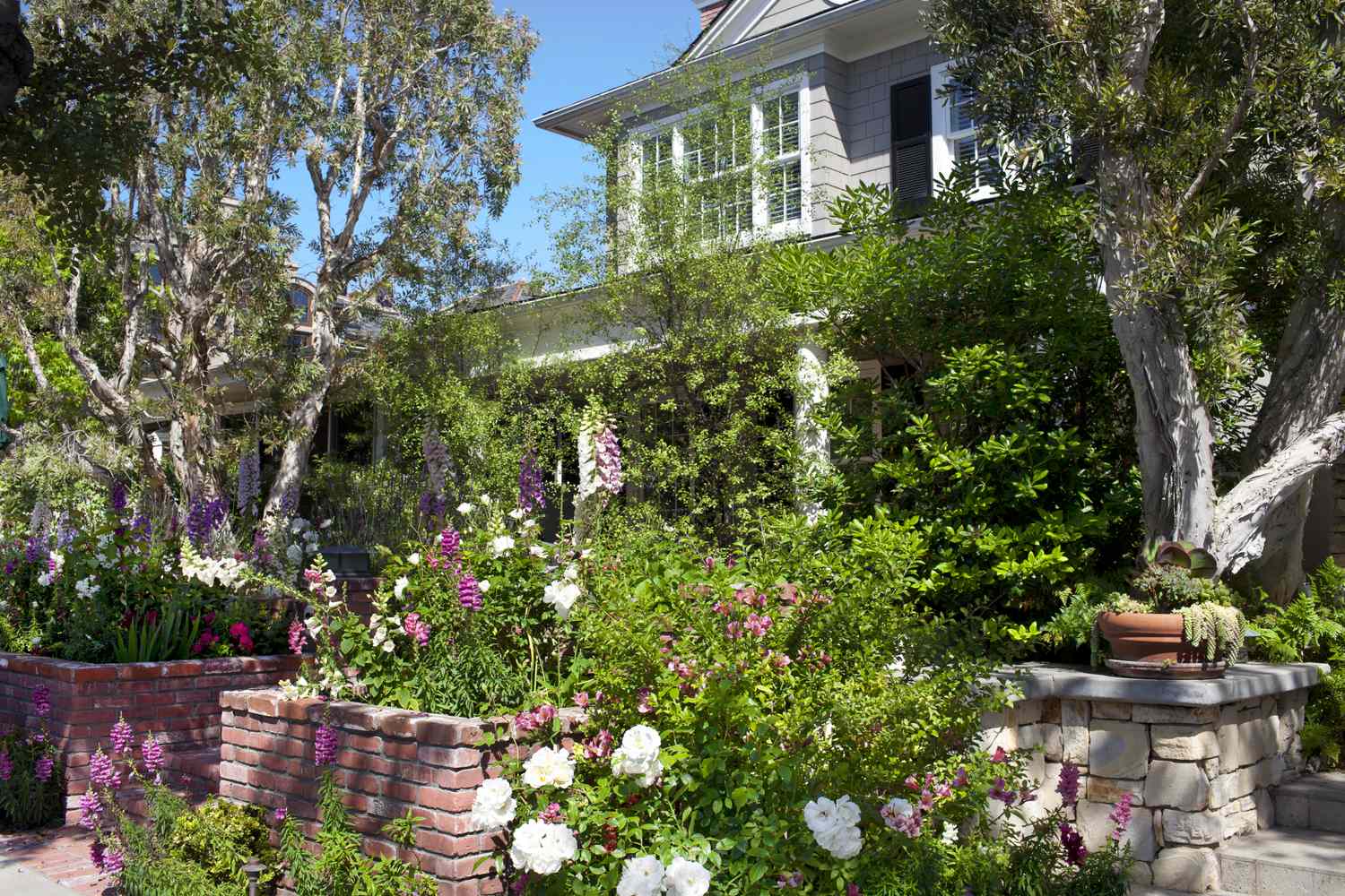 A residential house surrounded by lush garden landscaping and flowers
