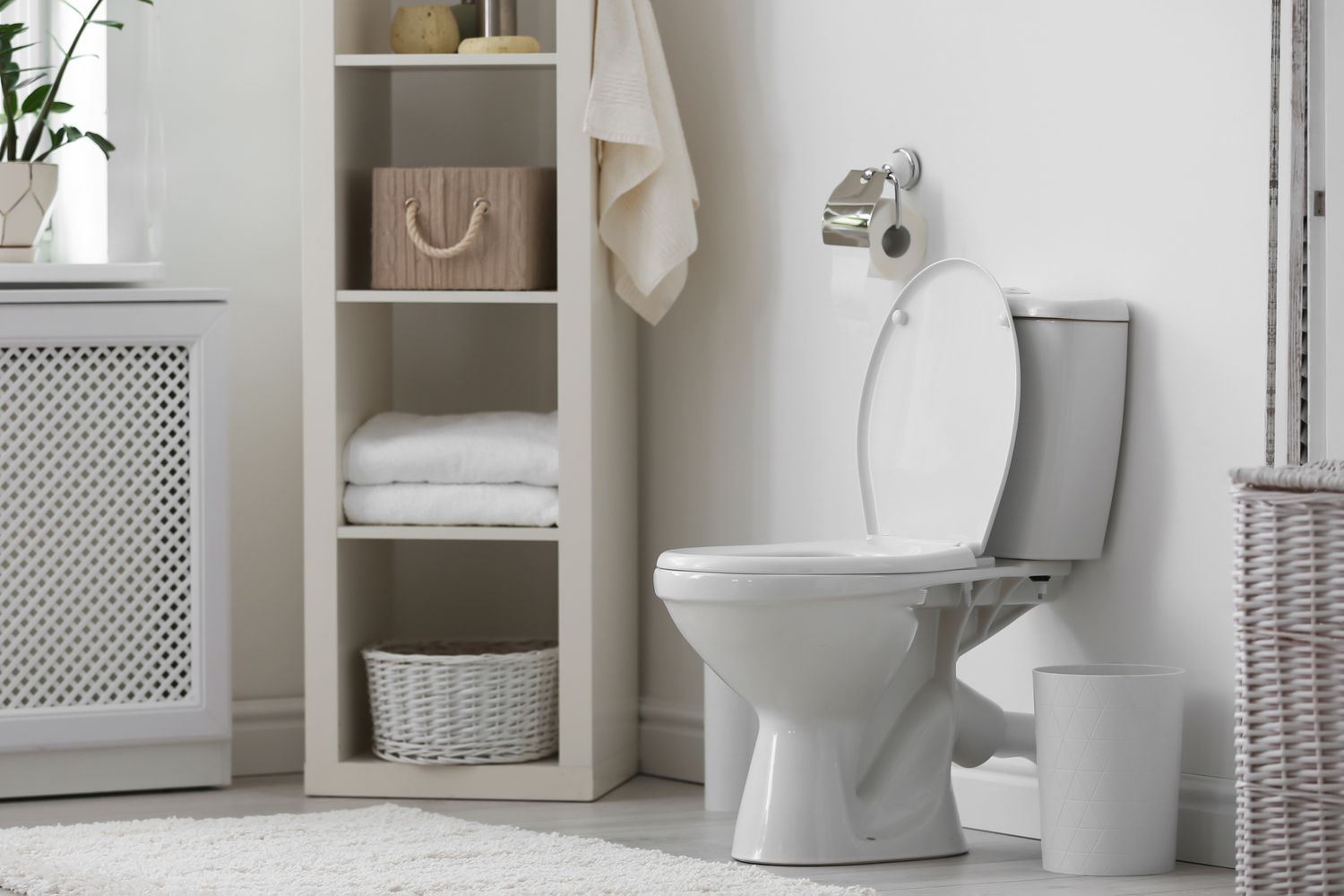 Modern bathroom with a toilet shelving unit and accessories