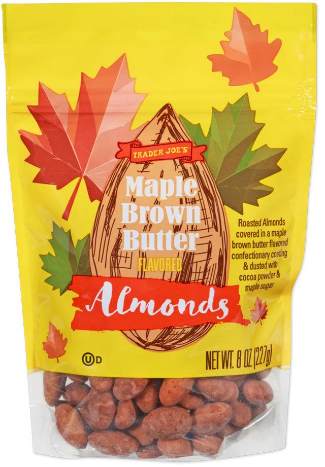A package of Trader Joes maple brown butter flavored almonds with autumn leaf design