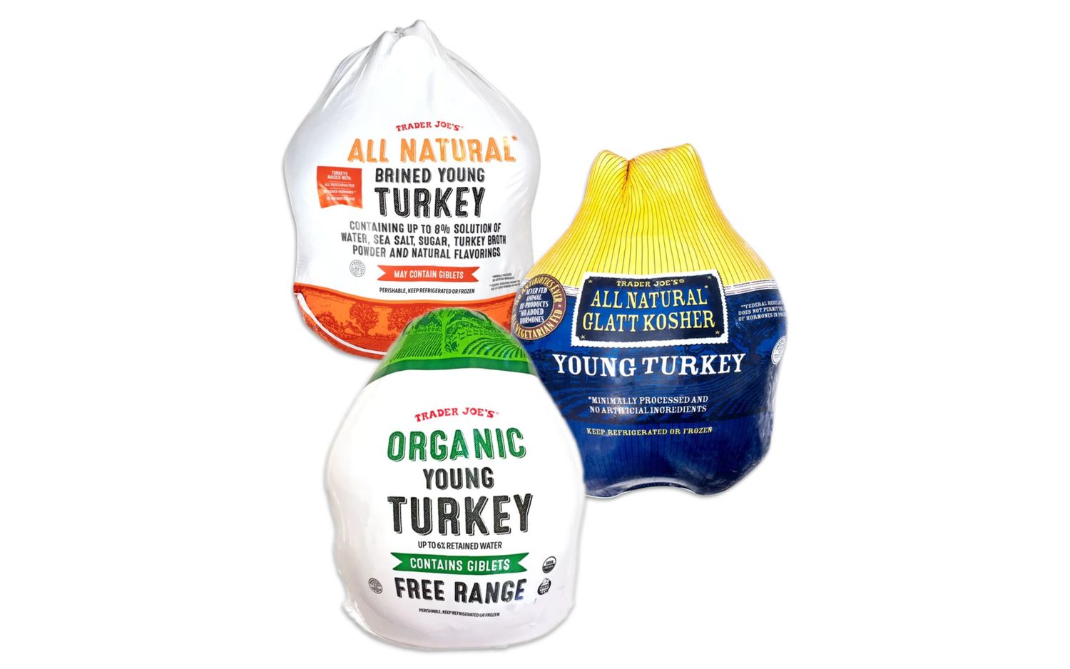 Brined and organic packaged turkeys from Trader Joes showing different quality labels and types of preparation