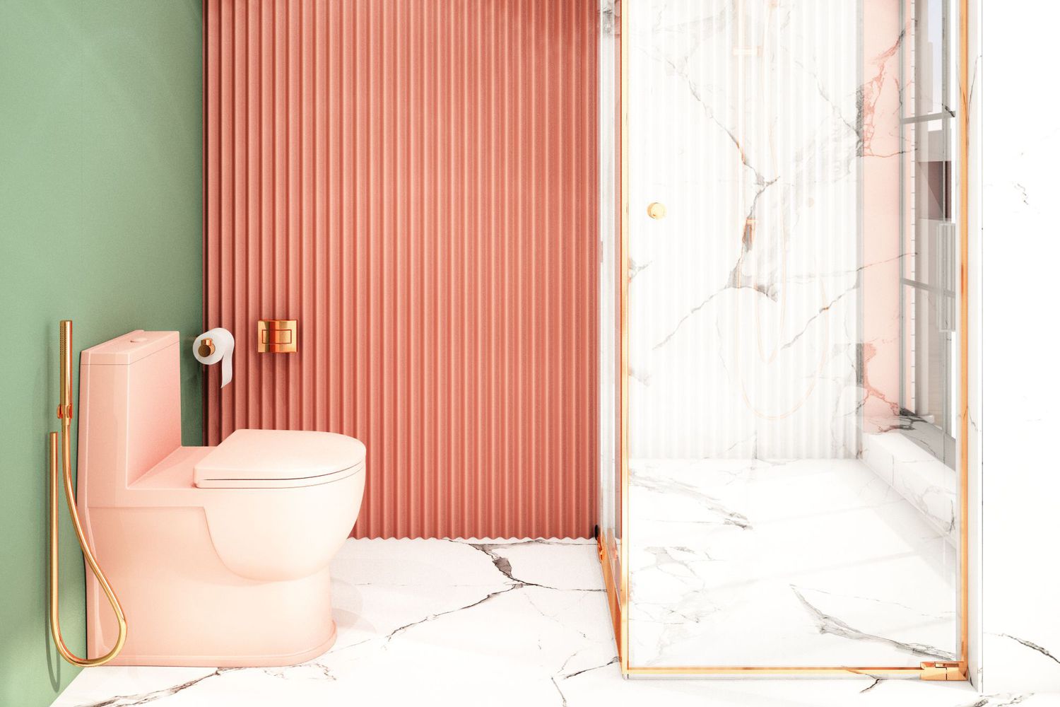 A modern bathroom with a pink toilet, ribbed wall, and glass shower enclosure