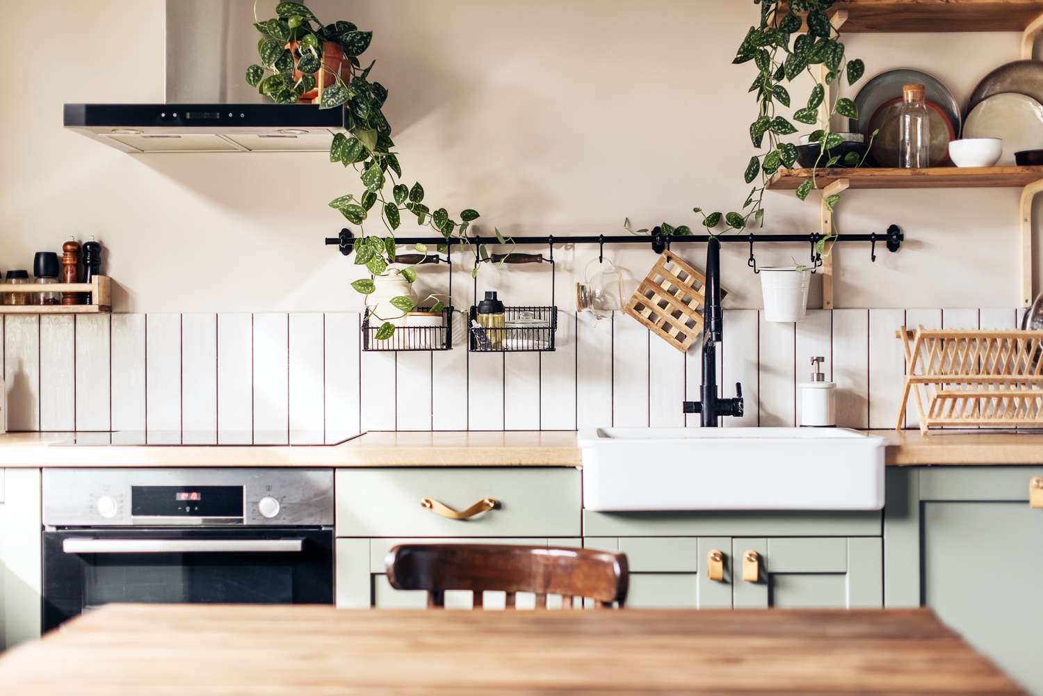 A kitchen with a farmhouse sink green cabinets wallmounted storage and hanging plants