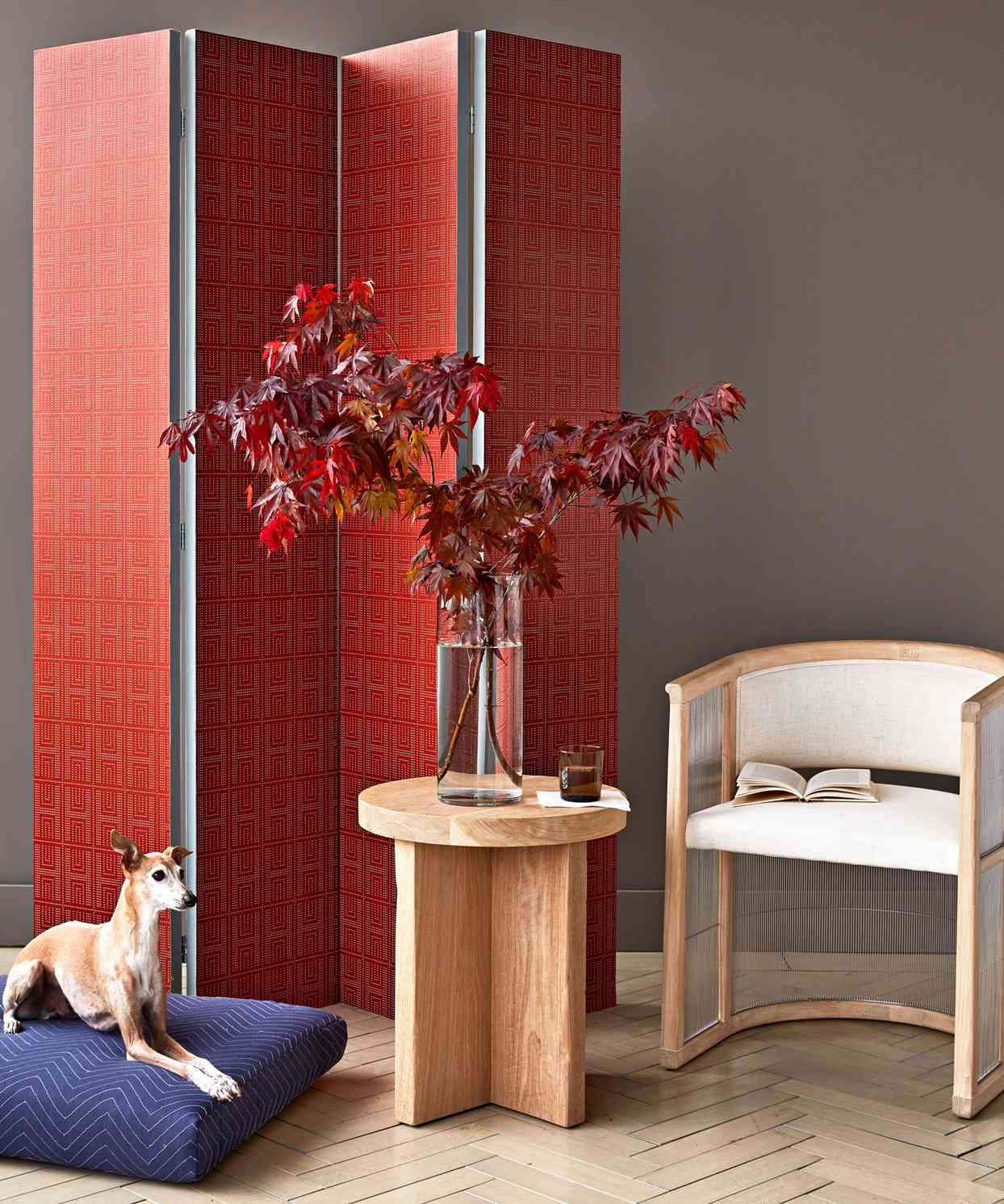 red printed wallpaper covered room divider