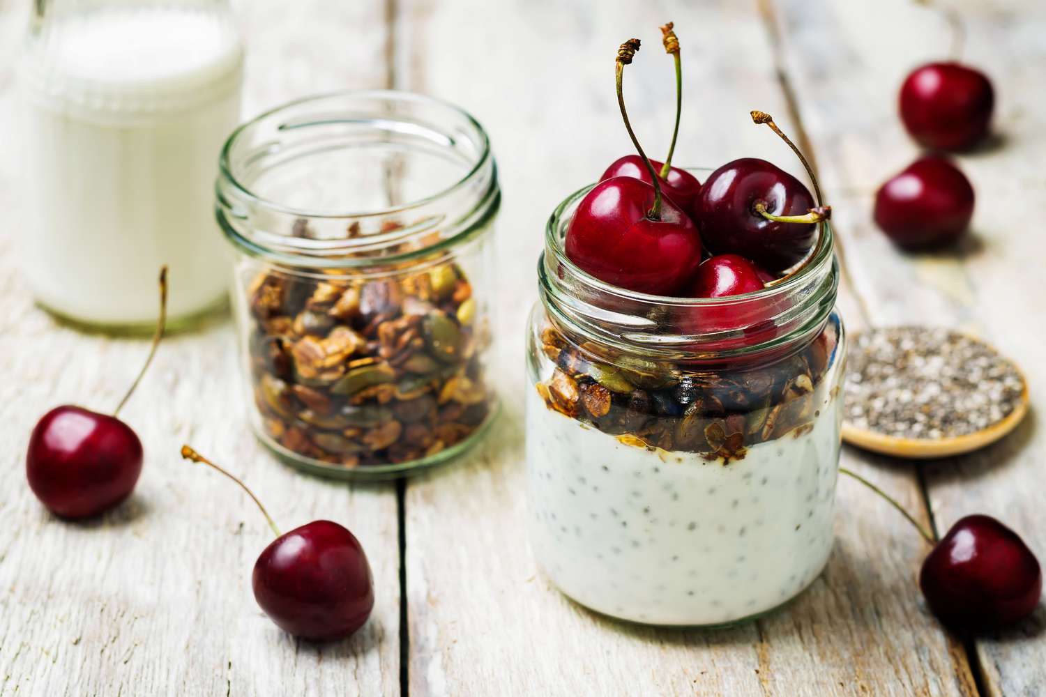Fresh cherries on granola and yogurt