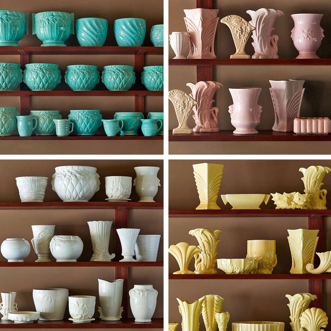 Martha's collection of McCoy pottery grouped by color