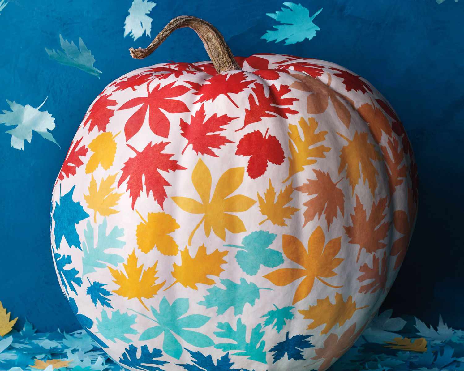 Decoupage Pumpkin with colored leaves