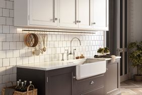 modern kitchen with gold finishes and farmhouse sink