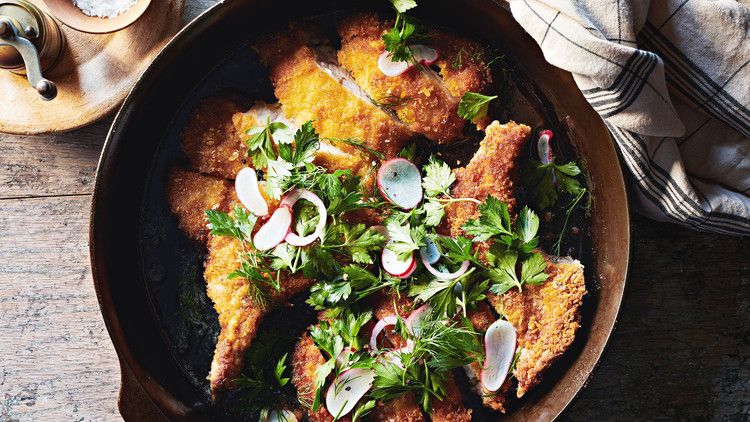 vinegared pork chop milanese with radish salad