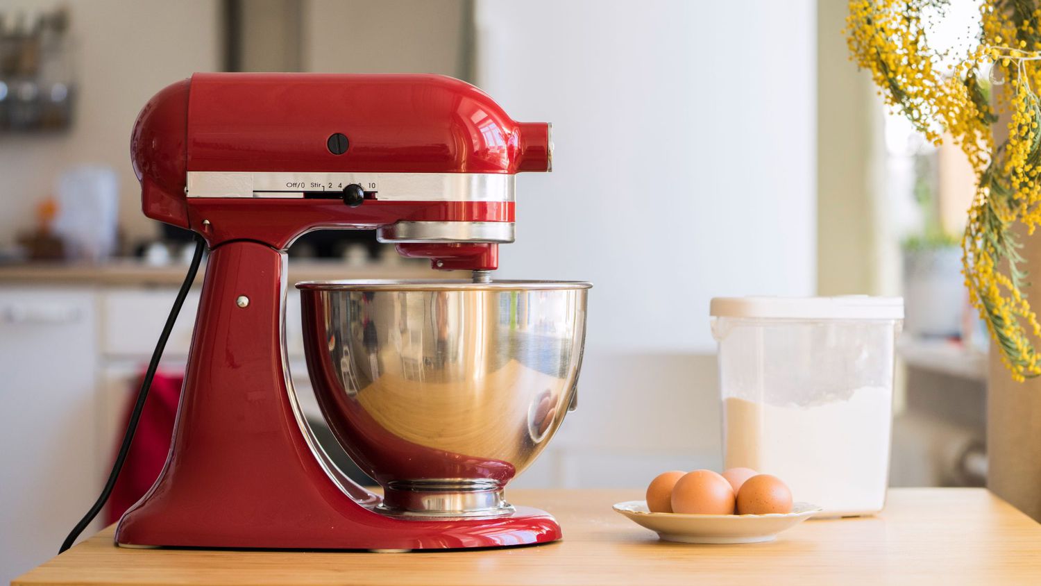 Red stand mixer on kitchen counter