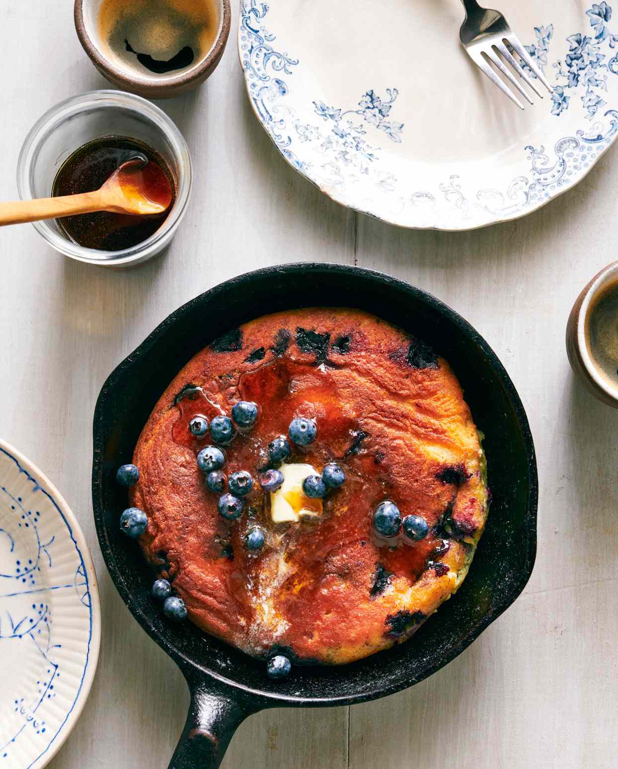 skillet pancake for two topped with blueberries