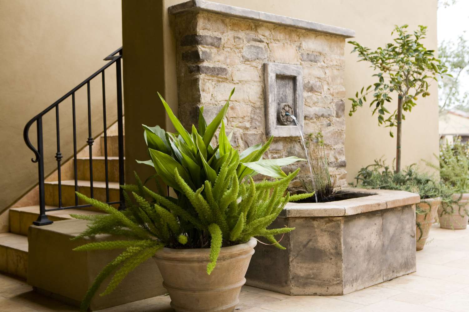 Outdoor wall fountain guides the way to an exterior staircase in this very large home.
