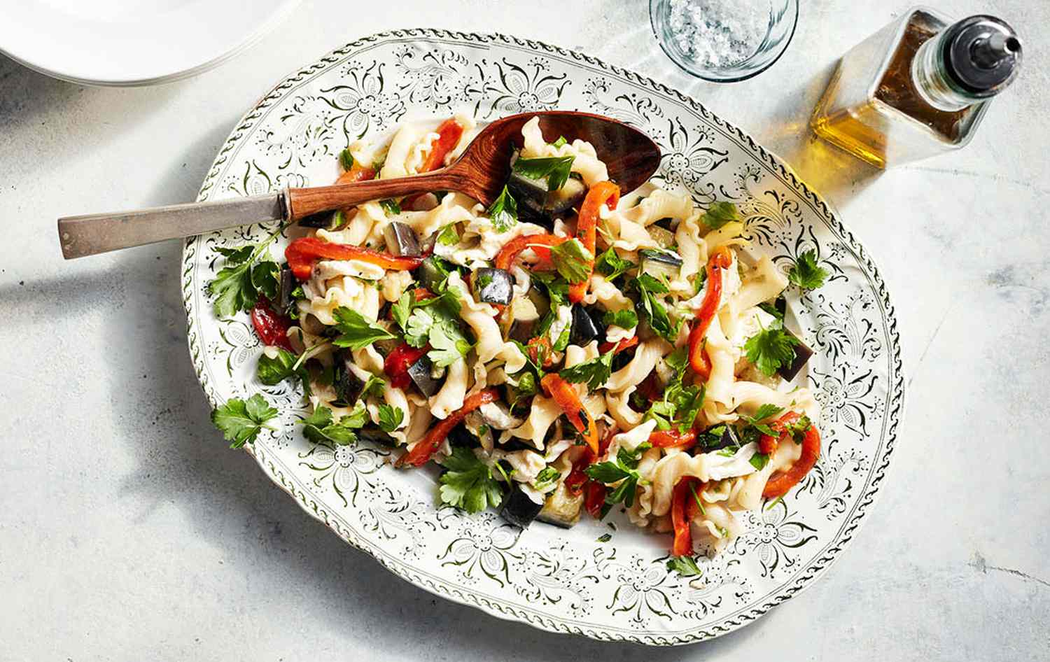Eggplant and roasted pepper pasta