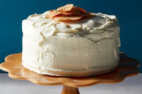 three layer apple cake on cake stand
