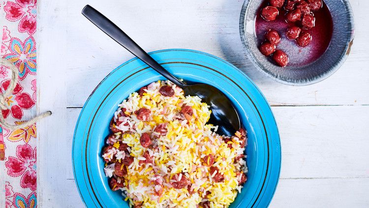 albaloo polo saffron-infused rice topped with preserved cherries
