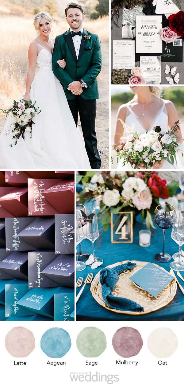 wedding color palette mood board blue, green, maroon