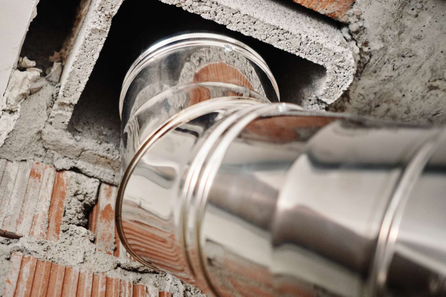 A metal duct attached to brickwork connecting to an opening