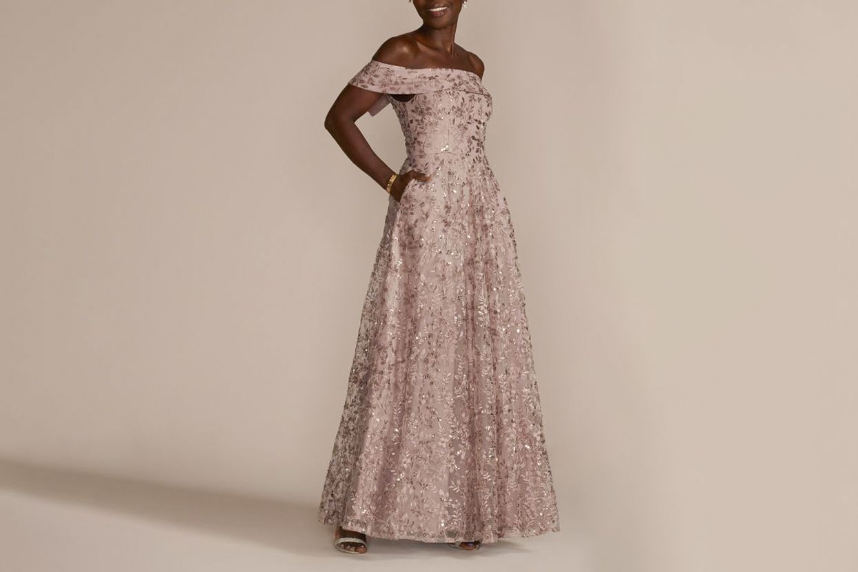 OLEG CASSINI off-the-shoulder embroidered sparkle a-line