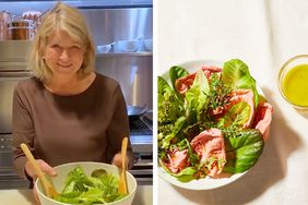 decorvow holding a salad bowl, salad greens with vinaigrette on the side