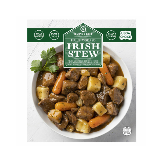 Bowl of Irish stew with meat carrots and potatoes under packaging label