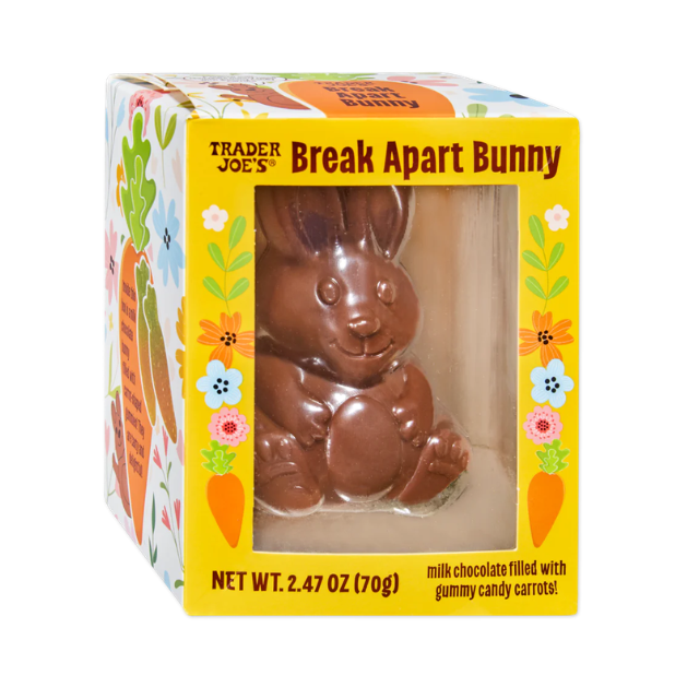 Package of Trader Joes Break Apart Bunny a milk chocolate bunny filled with gummy candy carrots