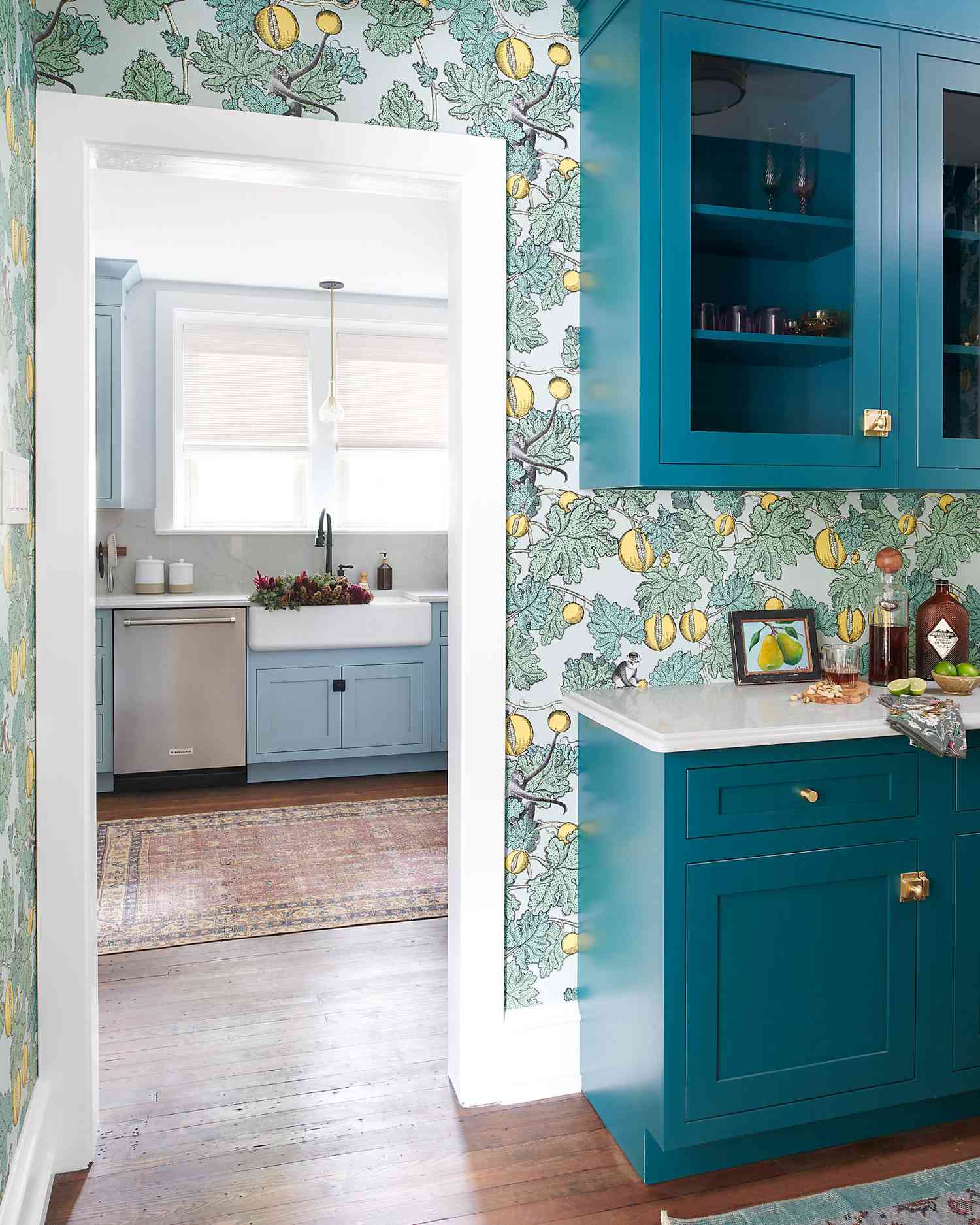 powder blue kitchen with floral wall paper