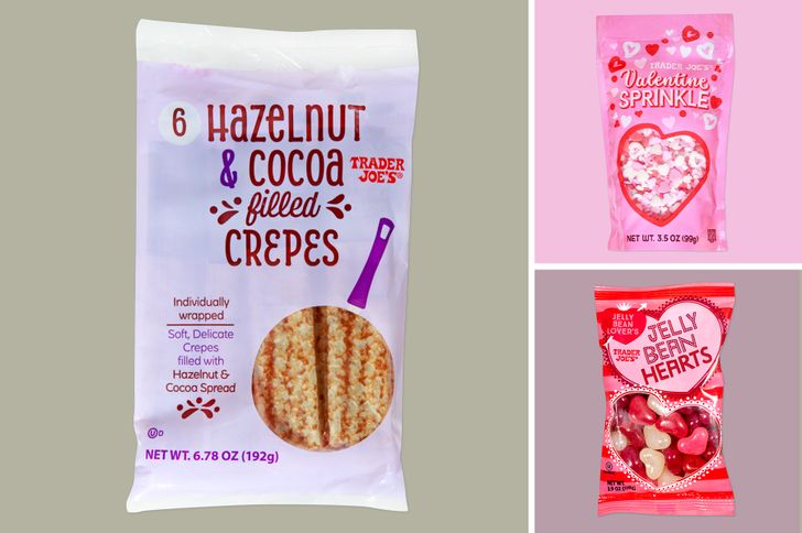 Various Valentines Day themed treats from Trader Joes including crepes sprinkle hearts and jelly bean hearts packaging