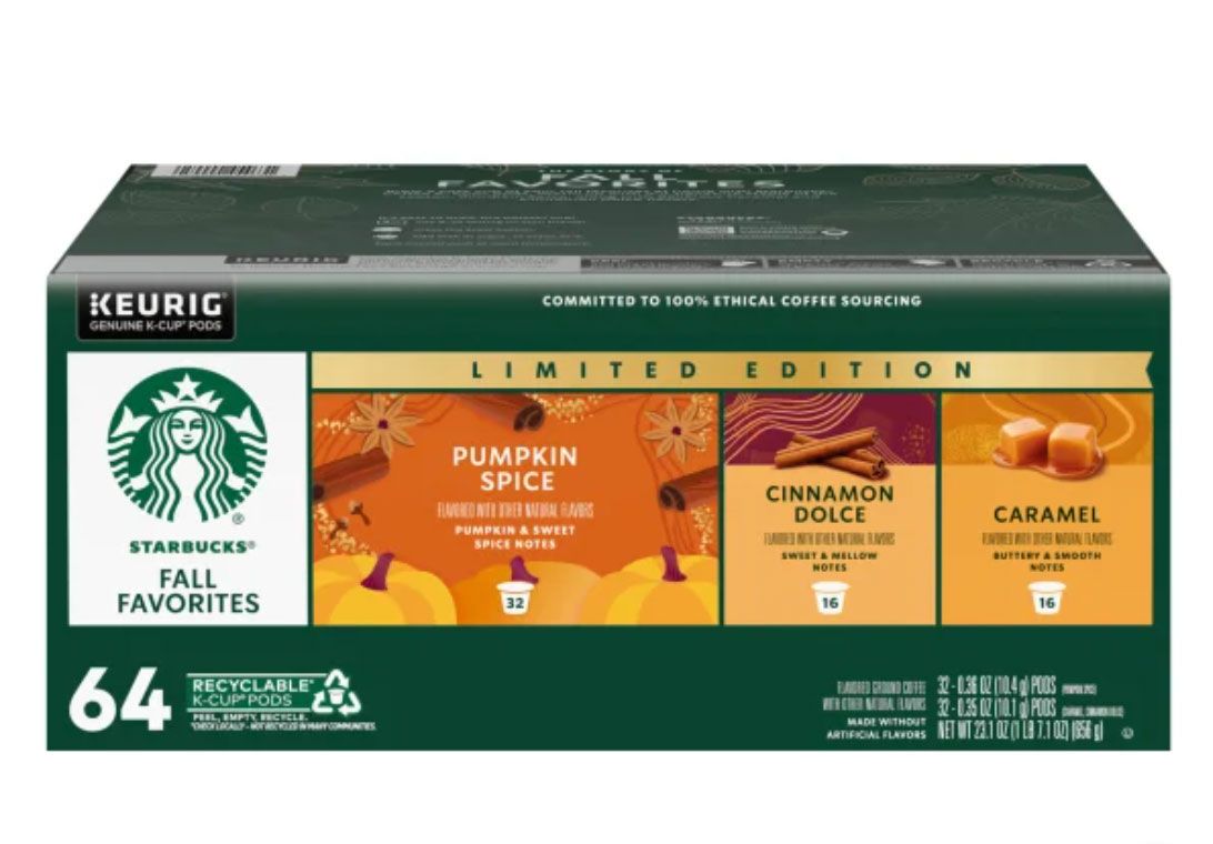 Box of Starbucks Fall Favorites Keurig KCup pods with pumpkin spice cinnamon dolce and caramel flavors