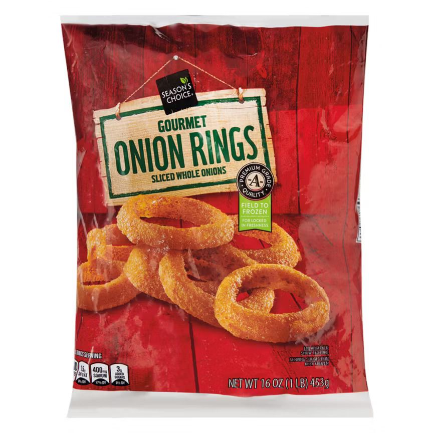 A package of gourmet onion rings from the brand Seasons Choice featuring sliced whole onions