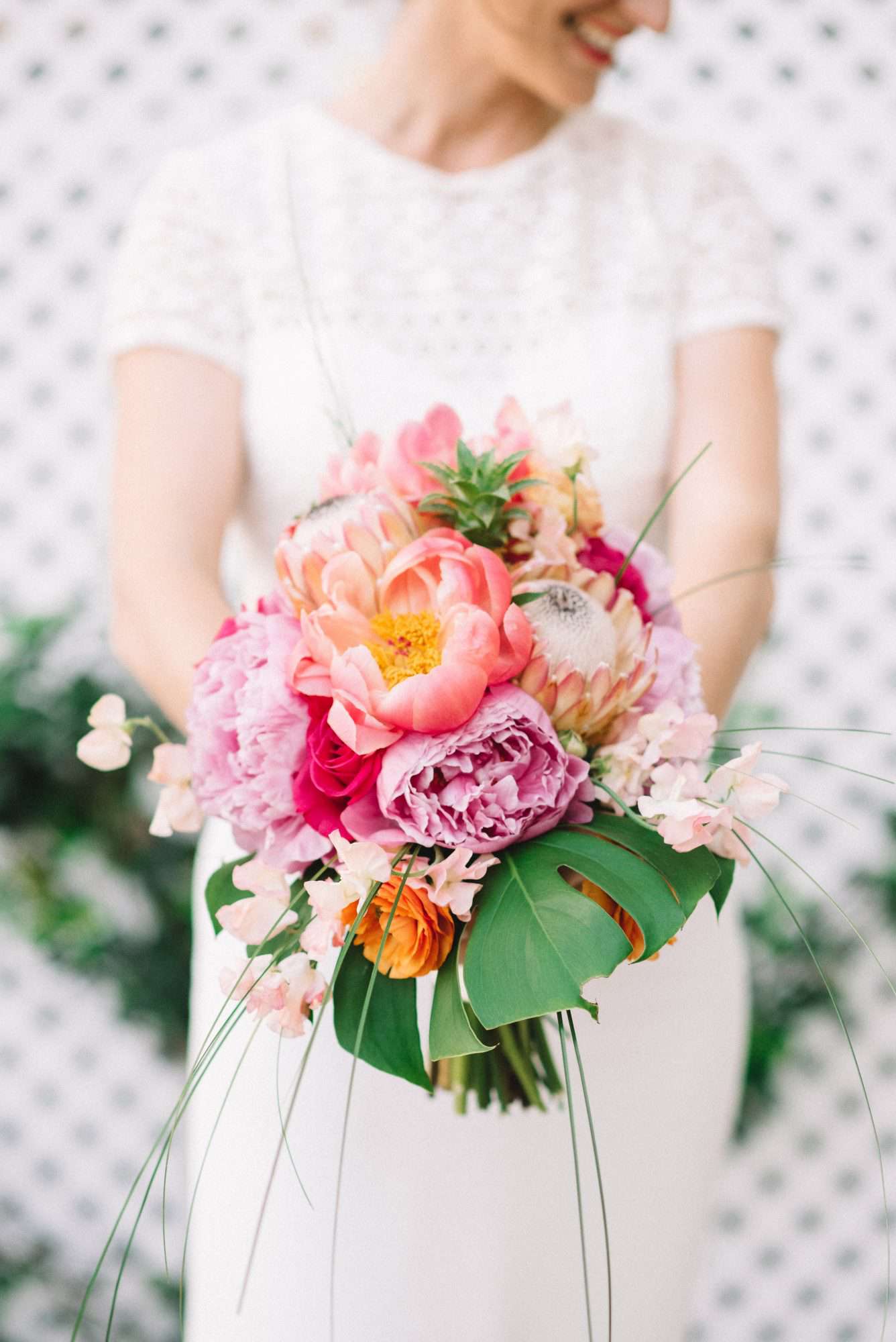 pink-and-yellow coral charm peony bouquet