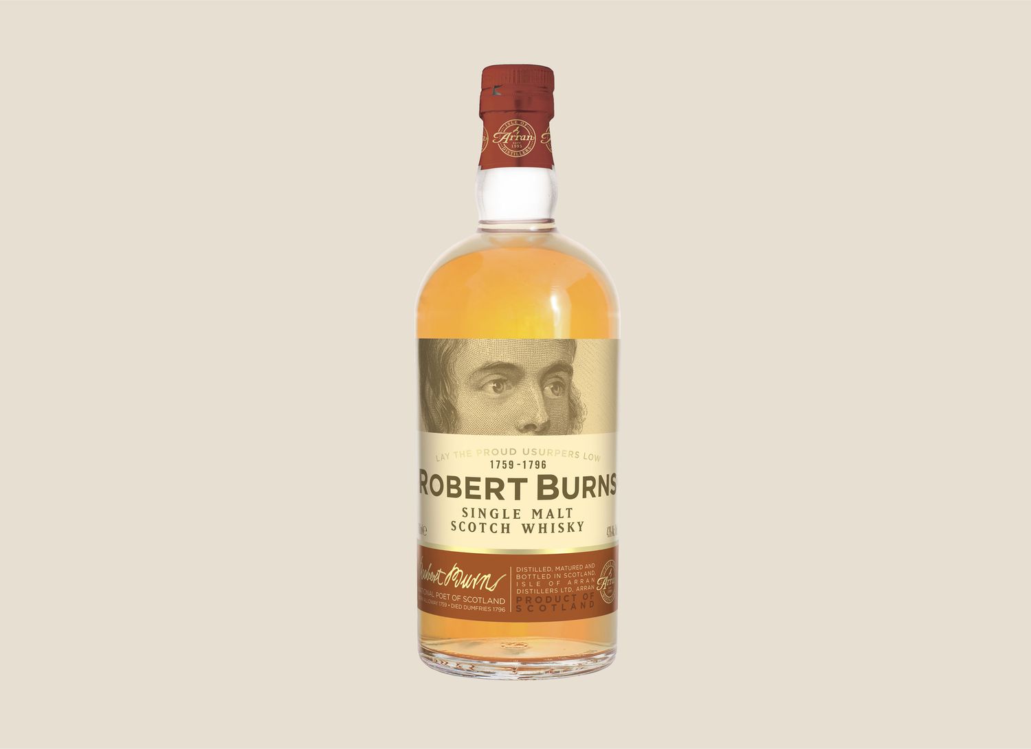 bottle of Robert Burns whisky on beige background
