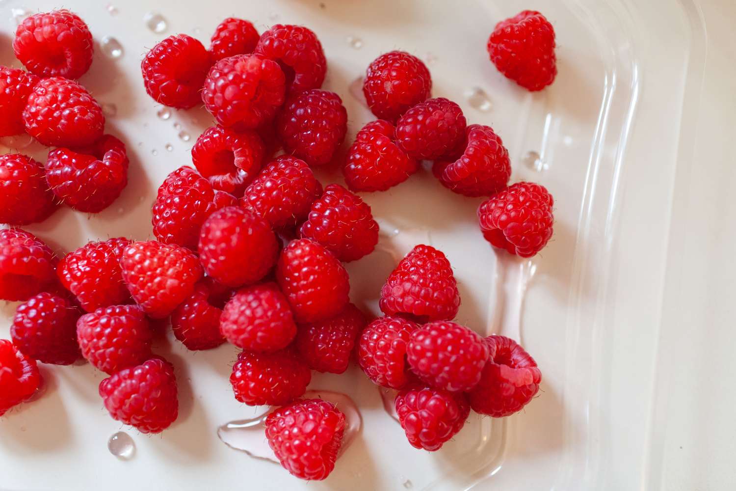Freshly washed raspberries on a tray