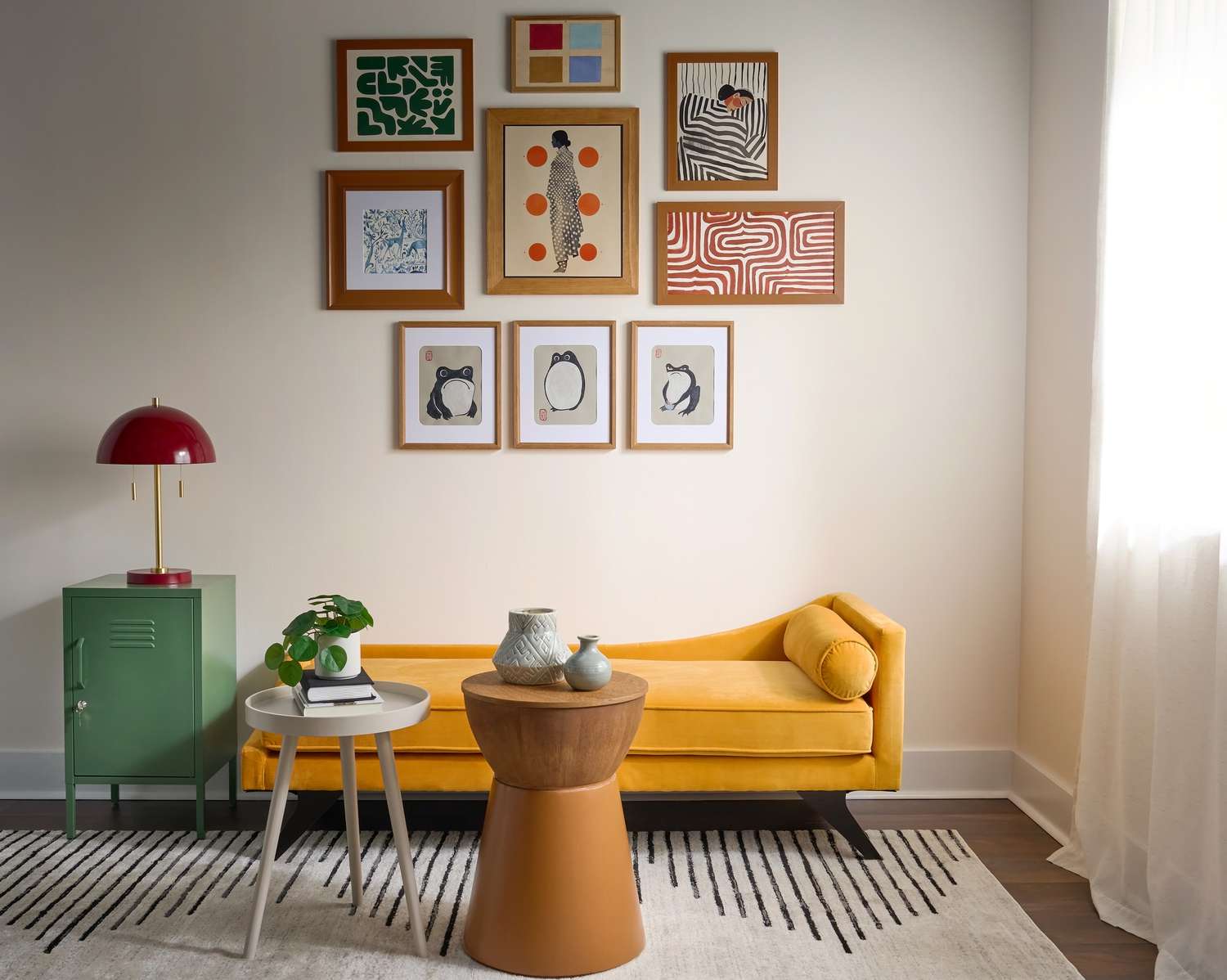 Living room with yellow couch