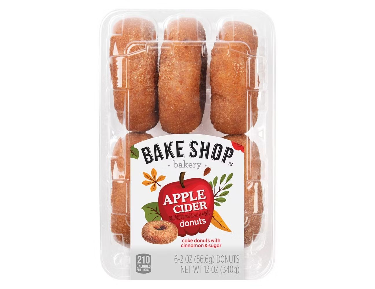 A sixpack of Bake Shop apple cider donuts in a plastic container labeled with brand and flavor details