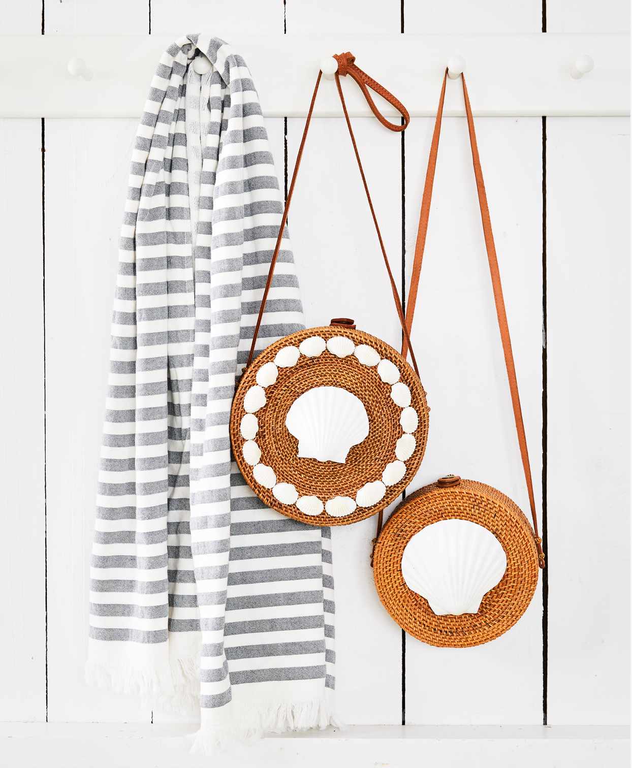 white scallop rattan bags