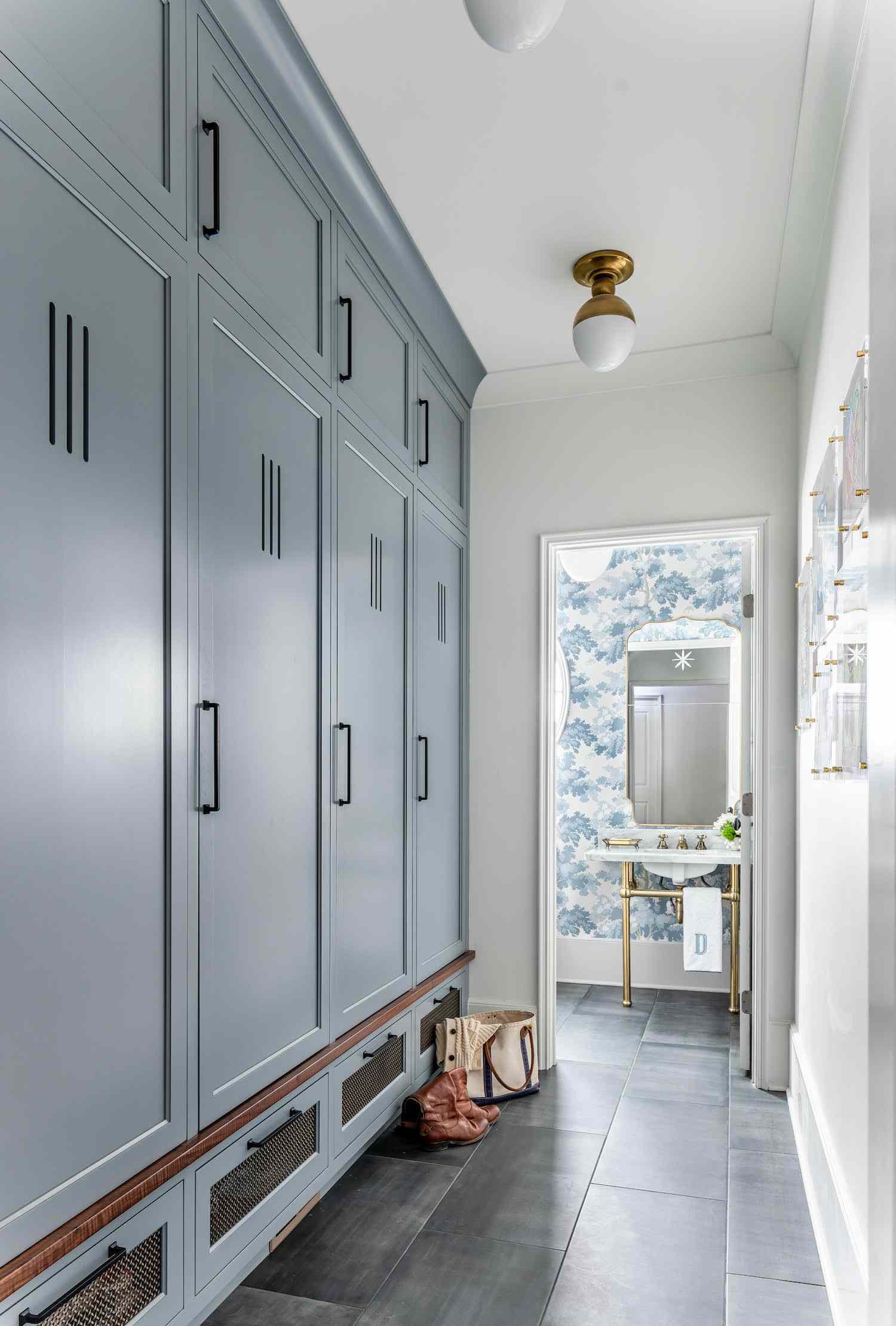 blue and white hallway with built-in storage