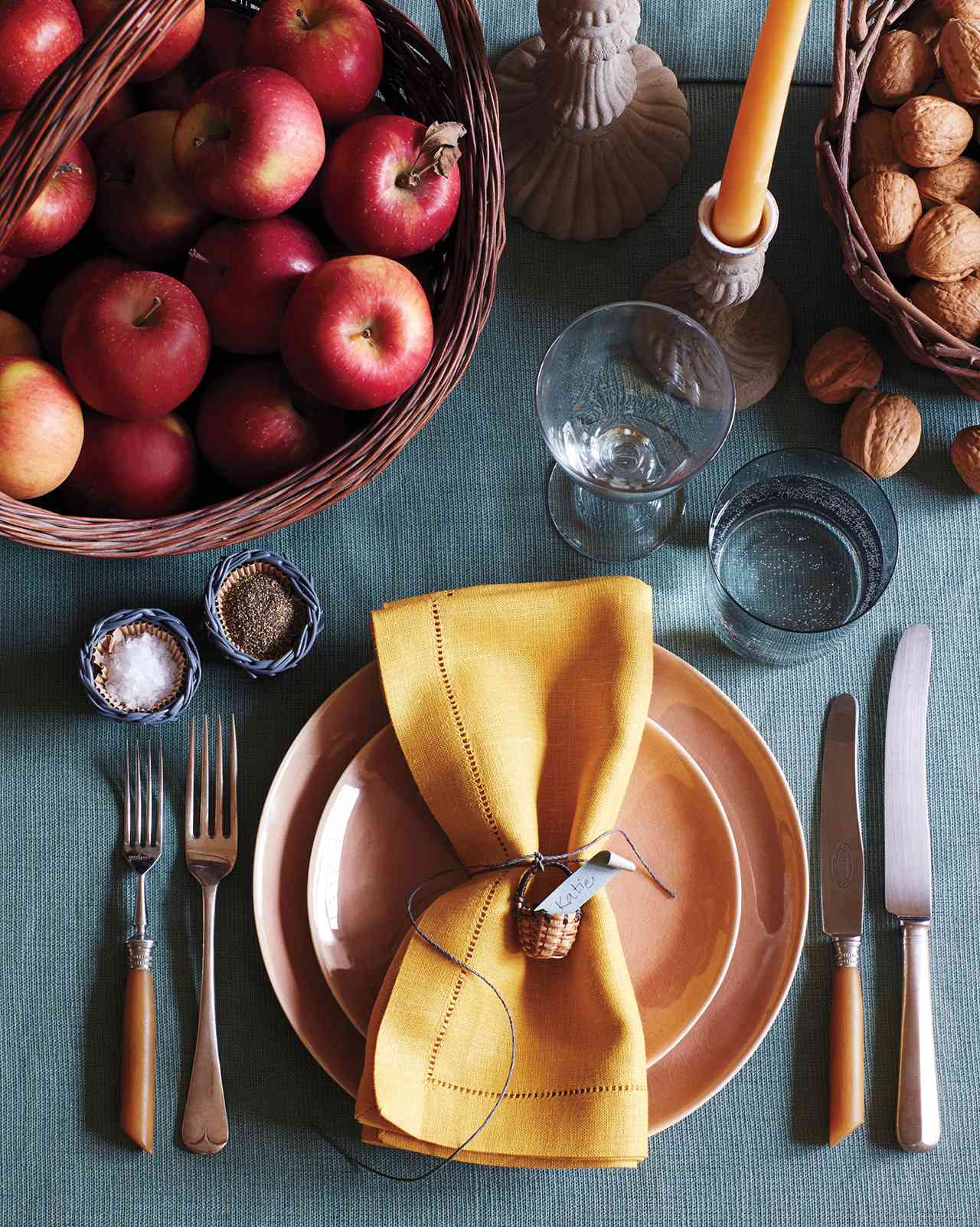 fall decorated table setting baskets apple nuts