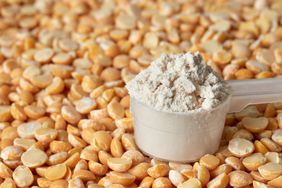 pea protein powder in small measuring cup on surface of yellow split peas