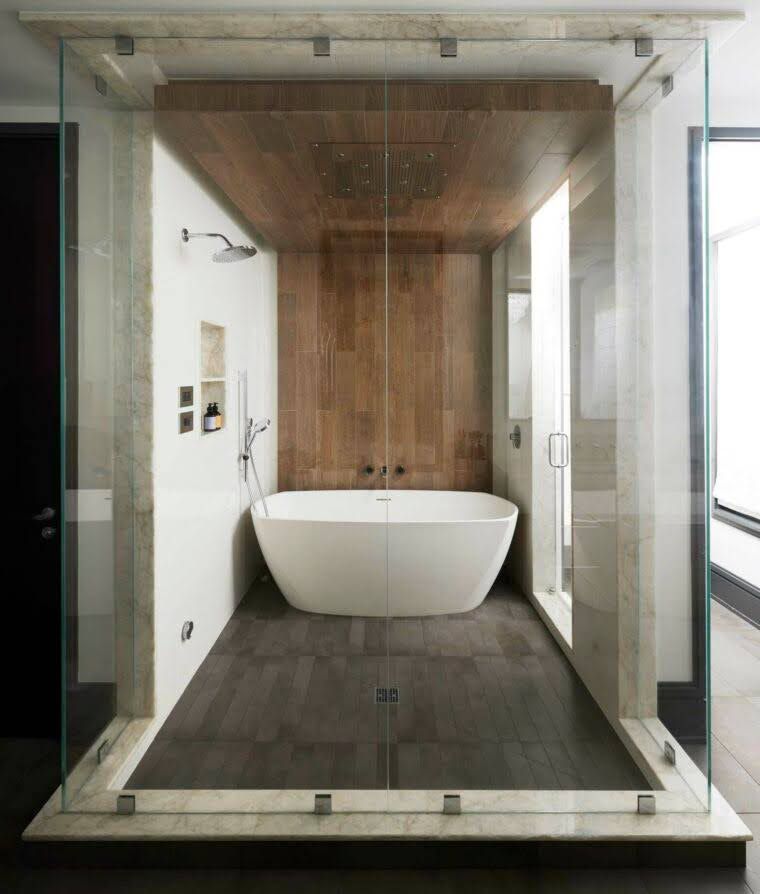 A bathtub in a shower