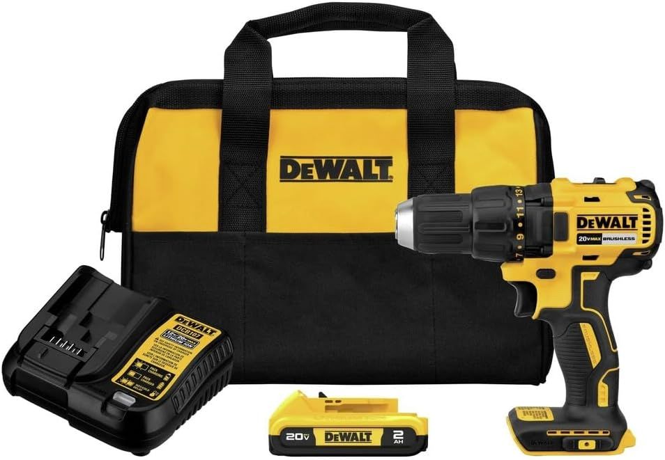 A DeWalt cordless drill kit including a drill, battery pack, charger, and carrying case