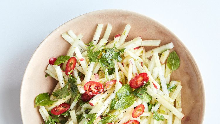 kohlrabi apple and mint slaw in white bowl