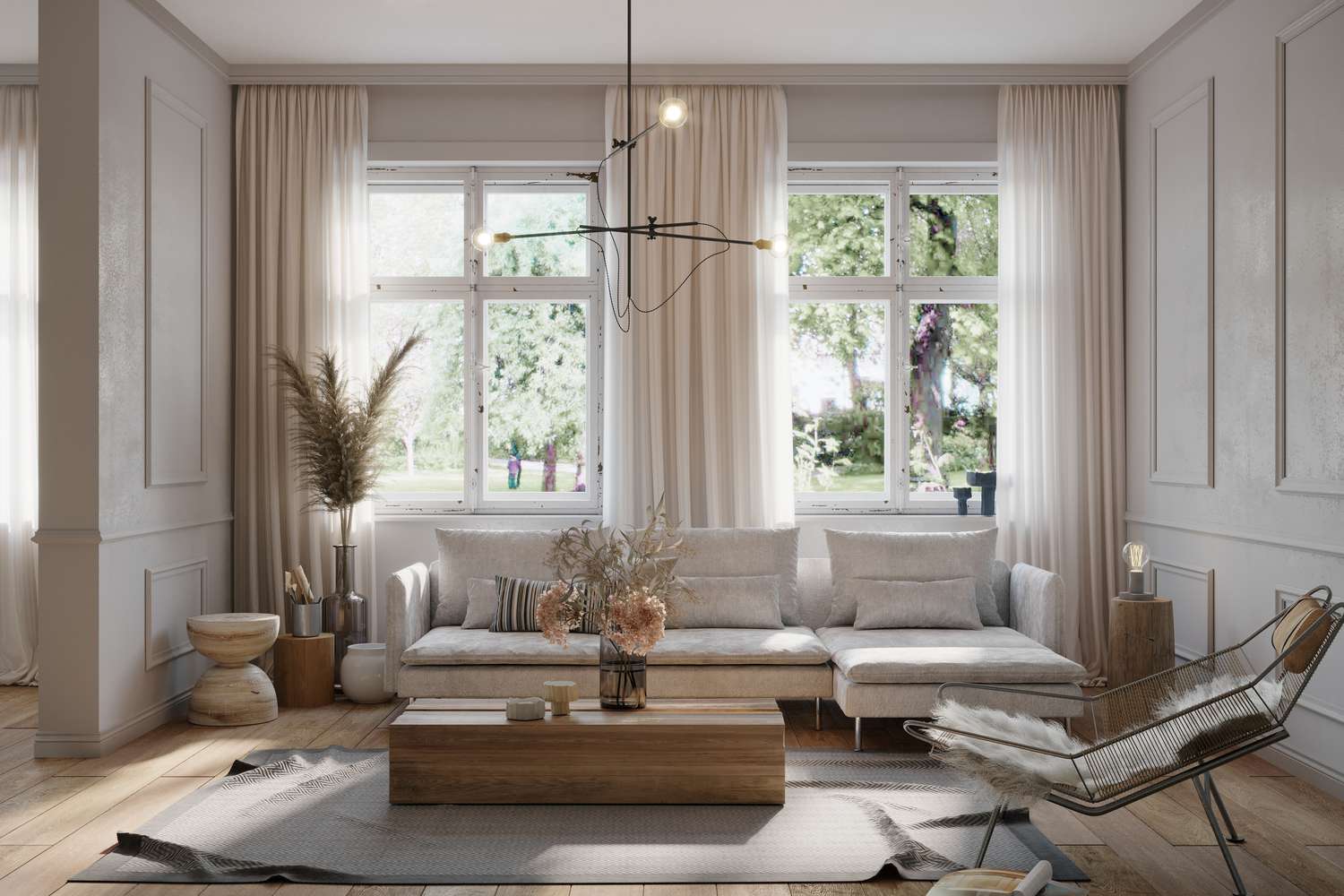 Modern living room with full-length curtains